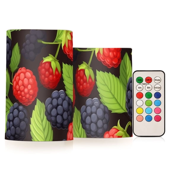 Strawberry and Blackberry Fruit Flickering Flameless LED Candles set of 2 Battery Operated 18-Key Remotes Timer Halloween Fall Decor D3''xH4''5''