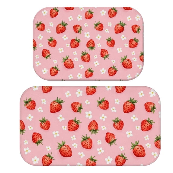 Strawberry and Blossom Pink Pattern Bath Mat Set Of 2,Non-Slip Rug for Bathroom,Kitchen,Bedroom,Entrance, 30x17 and 23.5x15.7 Inches