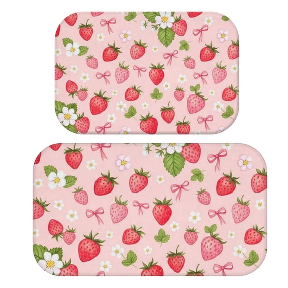 Strawberry and Bow Pink Pattern Bath Mat Set Of 2,Non-Slip Rug for Bathroom,Kitchen,Bedroom,Entrance, 30x17 and 23.5x15.7 Inches