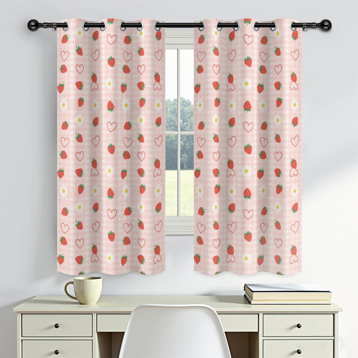 Strawberry and Daisy Pink Pattern Blackout Curtains,Triple Weaved ...