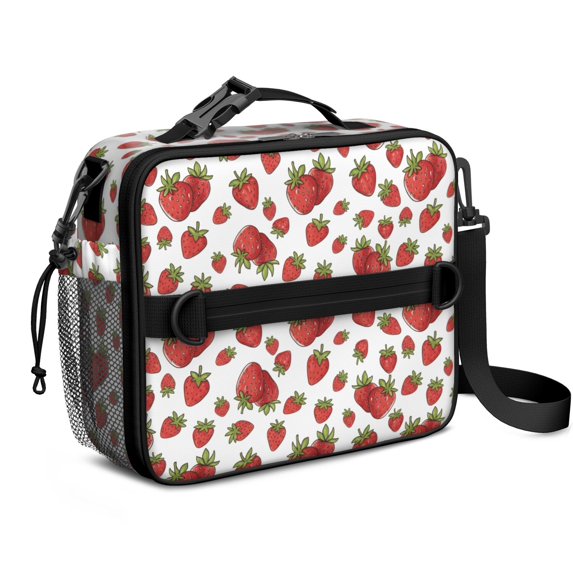 Strawberry and Dot White Pattern Insulated Lunch Bag with Shoulder Strap and Bottle Holder,Bento School Lunch Bag Box,11x9.5x3.5 Inches