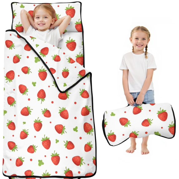 Strawberry and Dot White Pattern Teens Toddler Nap Mat with Pillow, Sleeping Mat Bag for Preschool Daycare 50"x20"