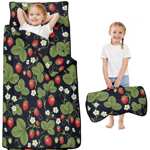Strawberry and Flower Black Pattern Teens Toddler Nap Mat with Pillow, Sleeping Mat Bag for Preschool Daycare 51"x22"
