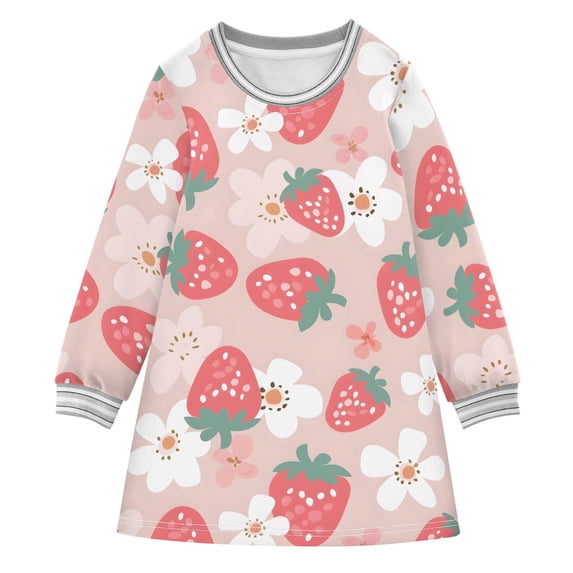 Strawberry and Flower Pattern Girls'long-sleeved dress Thickened A-dress Warm Dress Basic Shirt Party Dresses