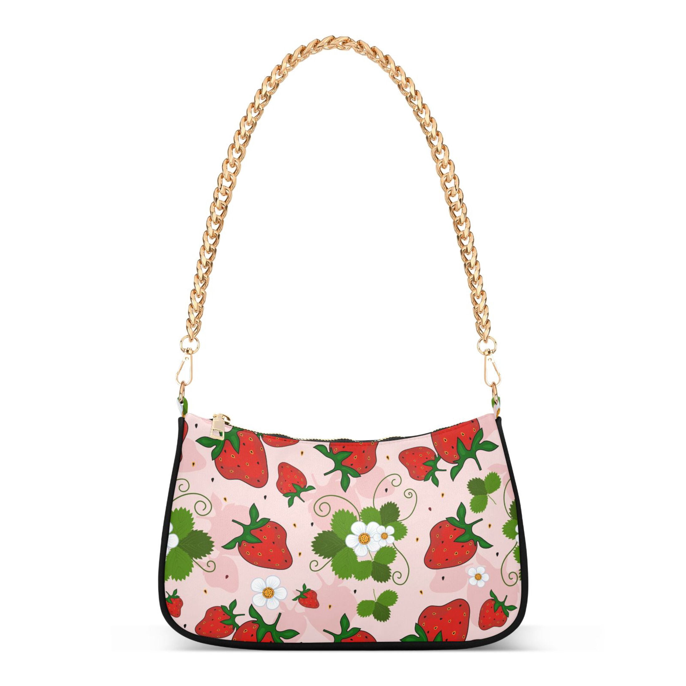 Strawberry and Flowers Womens Chain Shoulder Bag Tote Handbag Clutch Hobo Purse with Zipper for Travel Casual