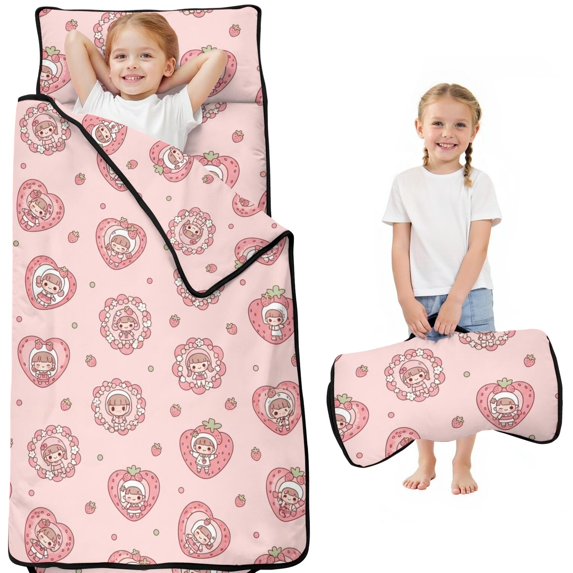 Strawberry and Girl Pink Pattern Teens Toddler Nap Mat with Pillow, Sleeping Mat Bag for Preschool Daycare 50"x20"