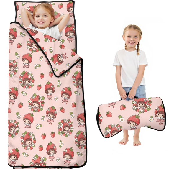 Strawberry and Girl Pink Pattern Teens Toddler Nap Mat with Pillow, Sleeping Mat Bag for Preschool Daycare 59"x22"