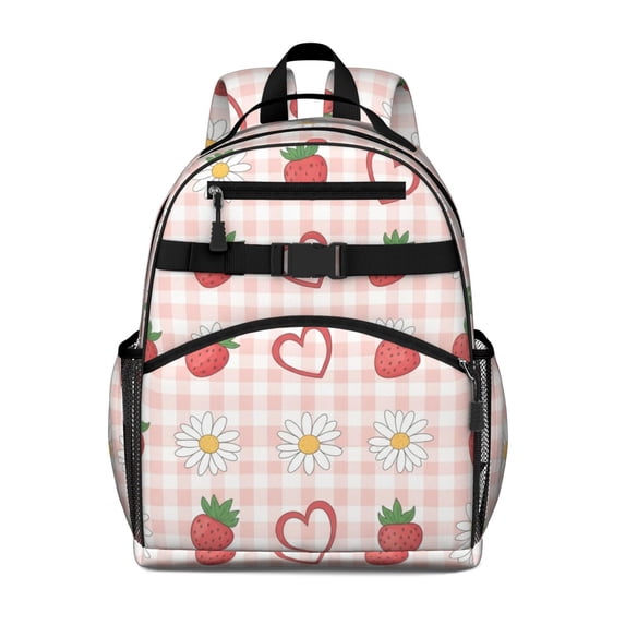Strawberry and Heart Pink Pattern Cute School Backpack Bag for School with Padded Back and Adjustable Shoulder Straps 15.25"x11.5"x5.25"