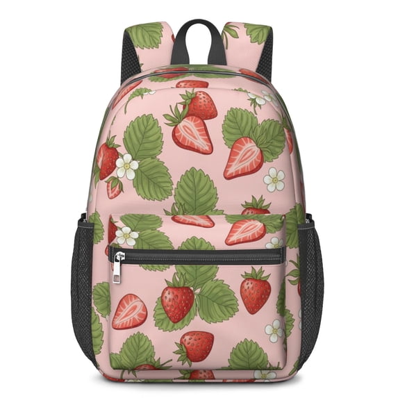 Strawberry and Leaf Pink Pattern 17" Waterproof Oxford School Backpacks for Teens, S-Shape Padded Straps, for School, Travel, Hiking, Camping