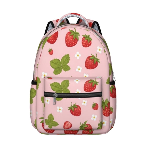 Strawberry and Leaf Pink Pattern Backpack for School, Cute School Bag with Adjustable Shoulder Straps and Padded Back, 15.3"x11"x7.1"