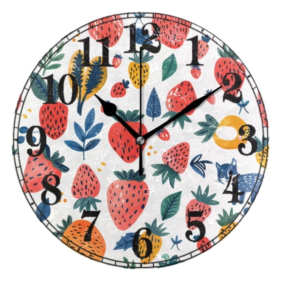 Strawberry and Leaf Silent Wall Clock 10" Non-Ticking Battery Clock