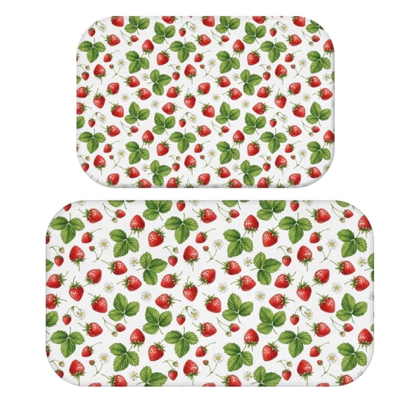 Strawberry and Leaf White Pattern Bath Mat Set Of 2,Non-Slip Rug for Bathroom,Kitchen,Bedroom,Entrance, 30x17 and 23.5x15.7 Inches