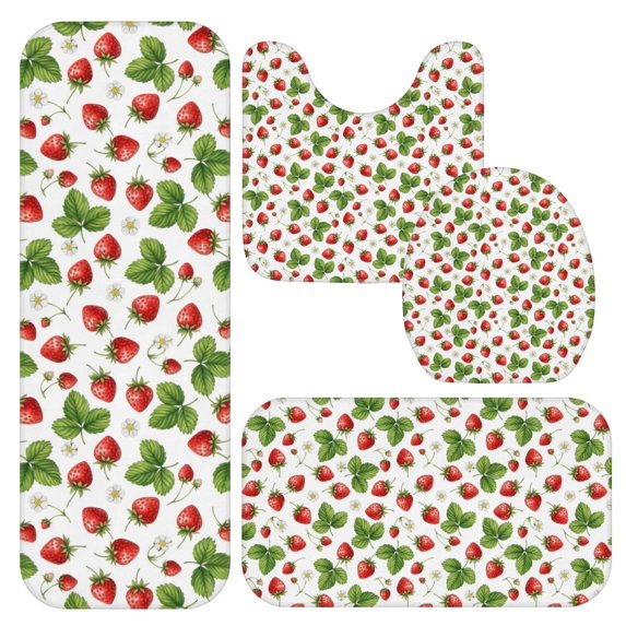 Strawberry and Leaf White Pattern Bathroom Rug Set 4 Piece,Includes Contour,Lid Cover,Bath Mat,Non-Slip Extra Soft Absorbent Washable