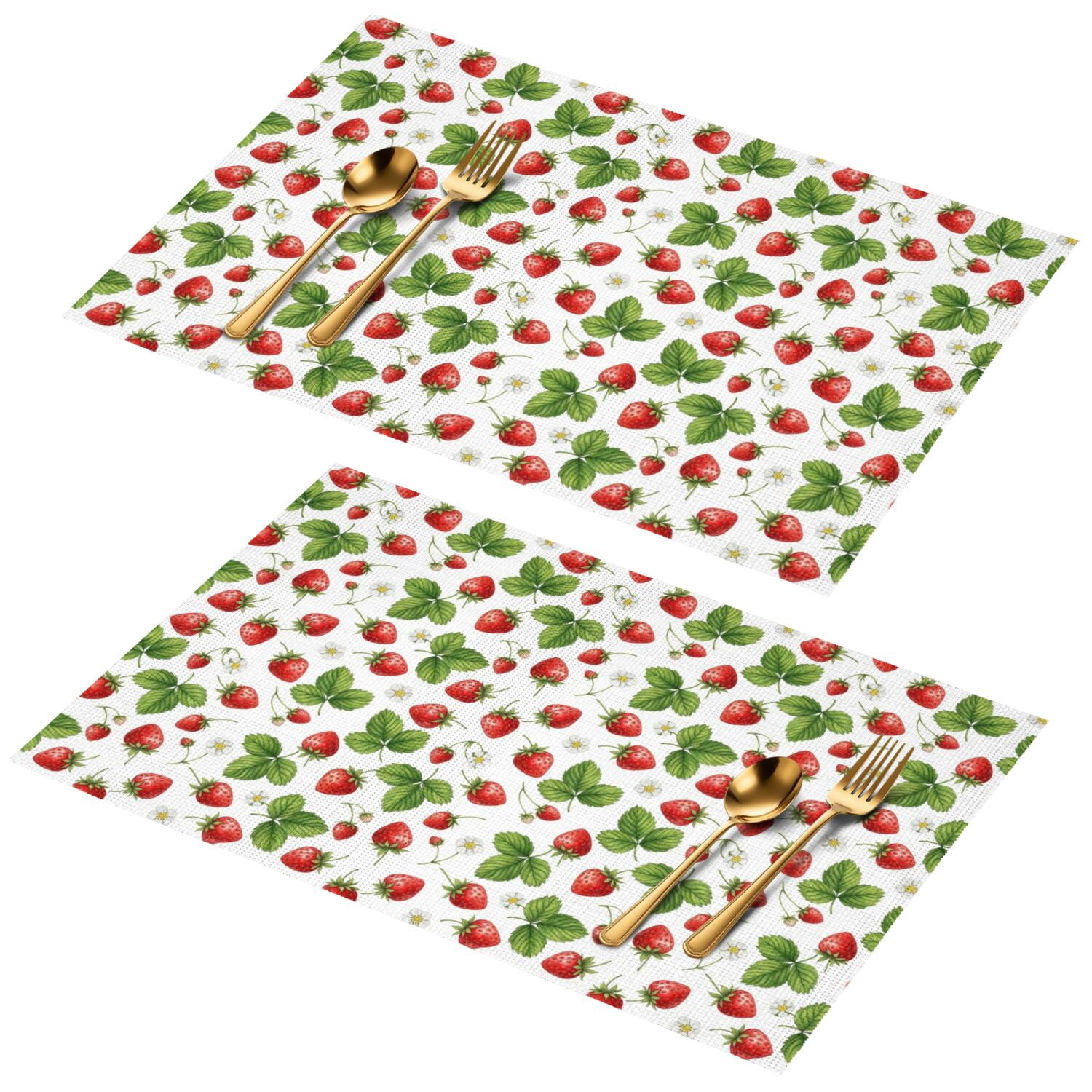 Pvc Leaves Strawberry and Leaf White Pattern PVC Woven Placemats Set Of 2, Retro ...