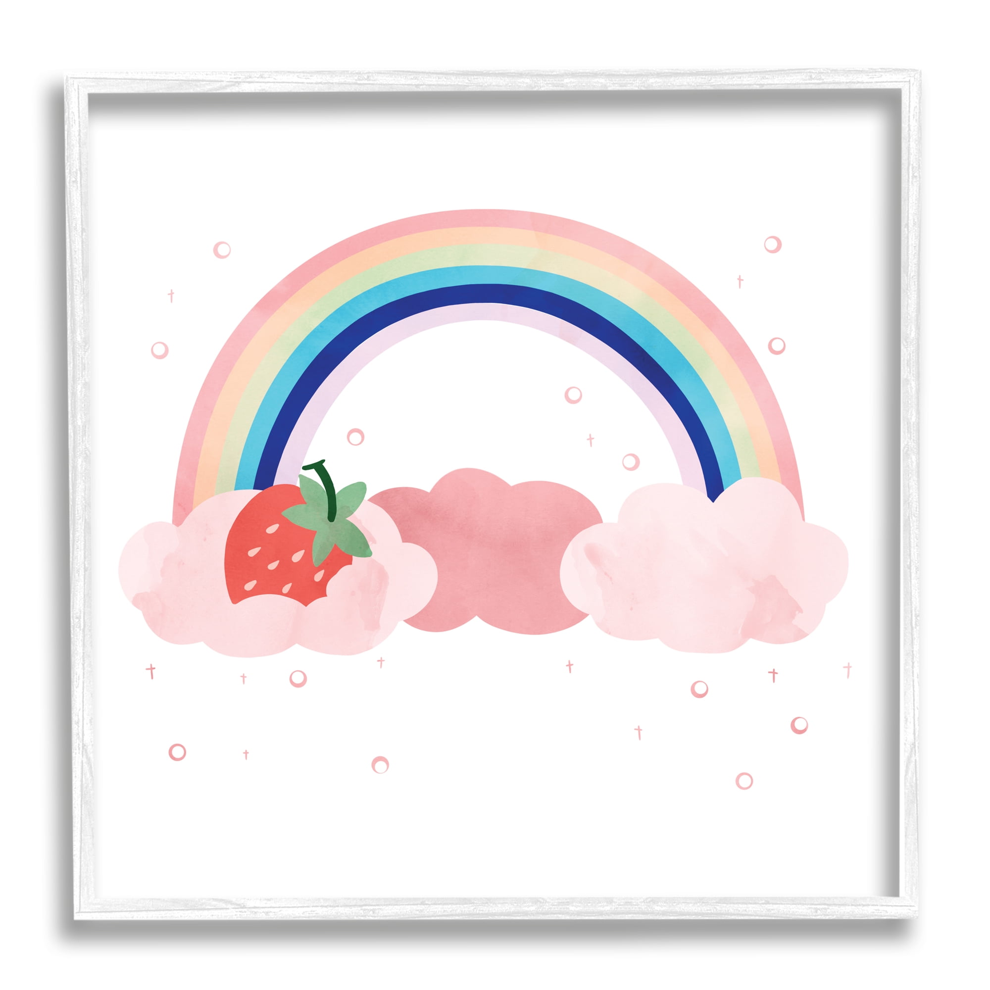 Strawberry and Rainbow Pink Cloud Polka Dots Art for Kids Framed Art Print Wall Art, 17x17