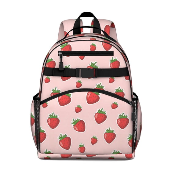 Strawberry and Sticker Pink Pattern Cute School Backpack Bag for School with Padded Back and Adjustable Shoulder Straps 15.25"x11.5"x5.25"