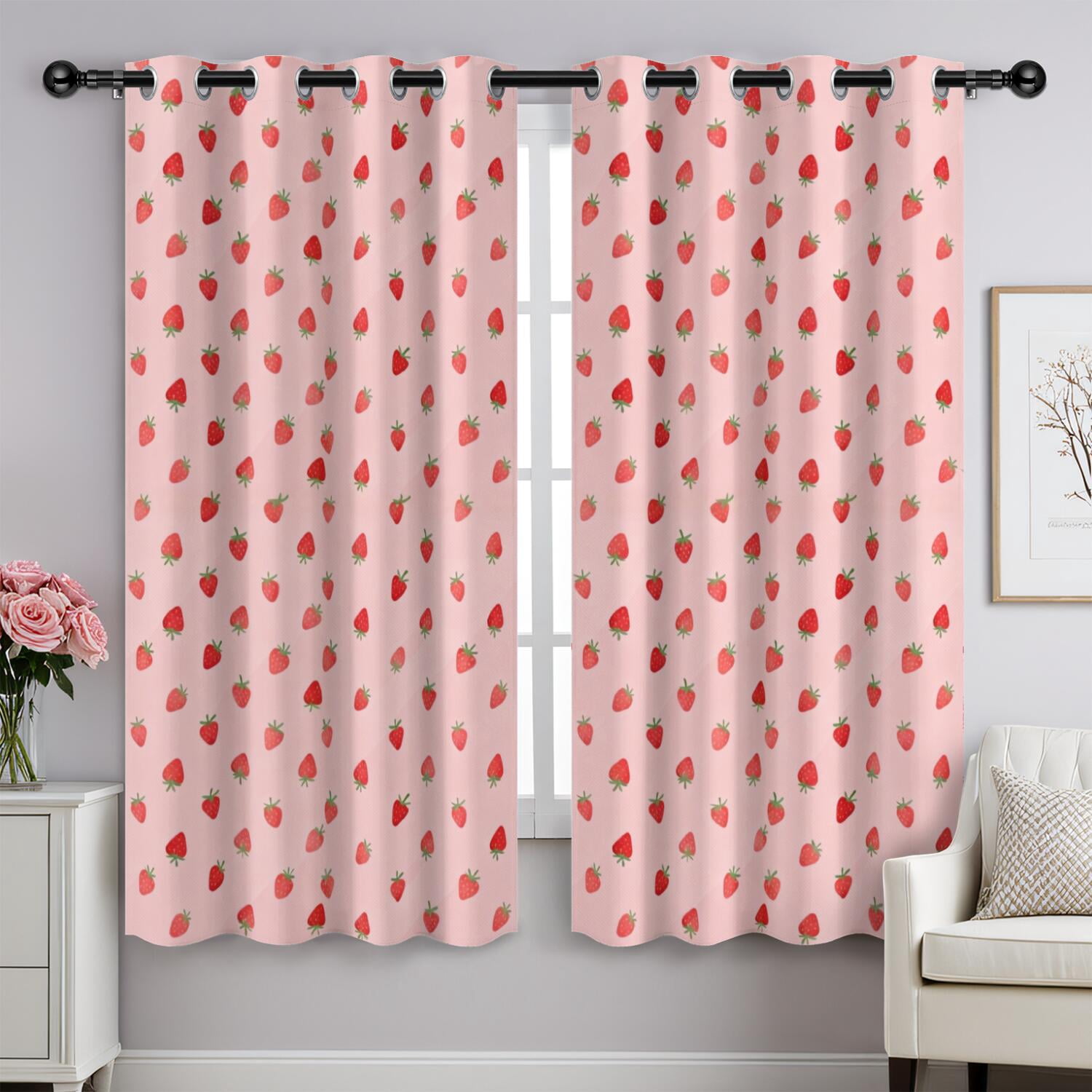 Strawberry and Stripe Pink Pattern Blackout Curtains,Triple Weaved ...