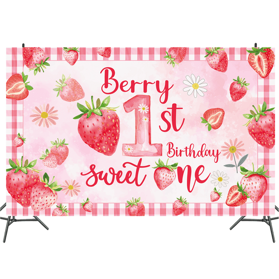 Pink and red Strawberry Theme Birthday Party Decorations, Strawberry Banner,Berry First Birthday Supplies Sweet One Birthday Backdrop 5FT*3FT
