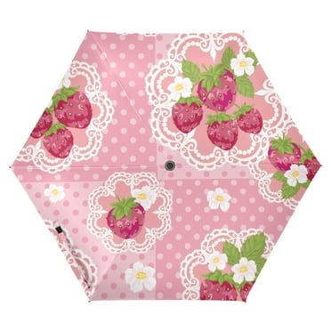 Strawberry on Pink UPF 50+ Compact Folding Umbrella for Rain Windproof Travel Umbrella Lightweight Packable
