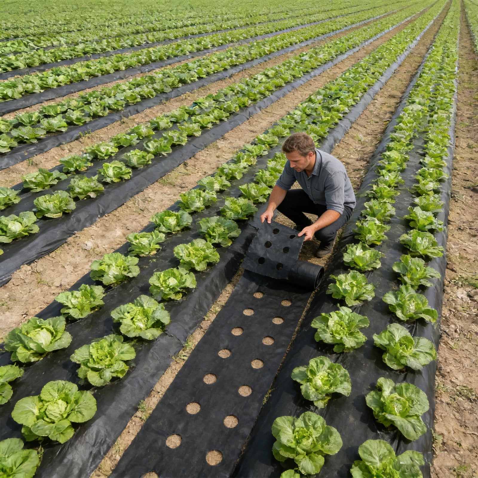 Strawberry planting perforated landscape fabric, water-permeable and breathable — functions as a weed barrier fabric to prevent weeds in vegetable and fruit planting