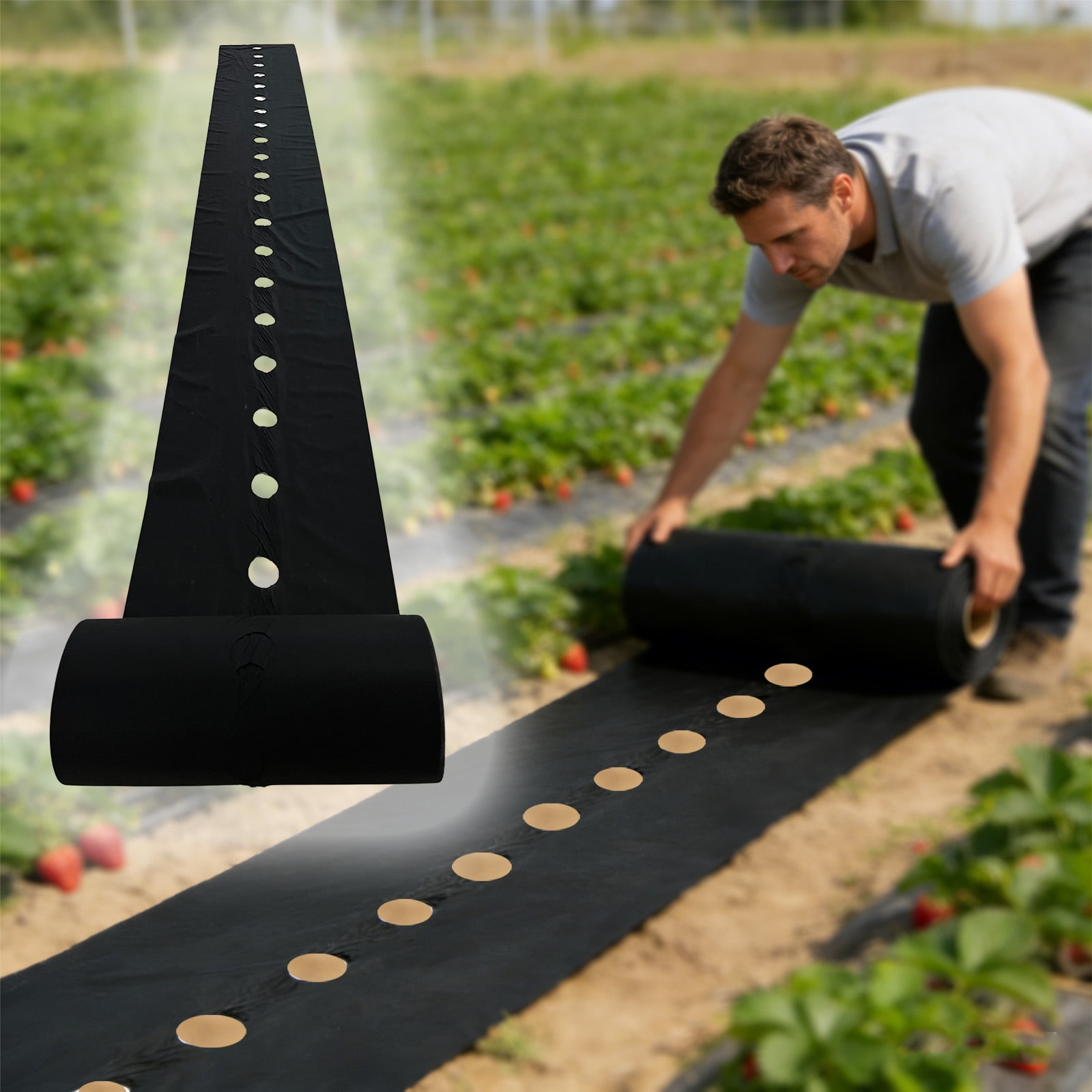 Strawberry planting perforated landscape fabric, water-permeable and breathable — functions as a weed barrier fabric to prevent weeds in vegetable and fruit planting