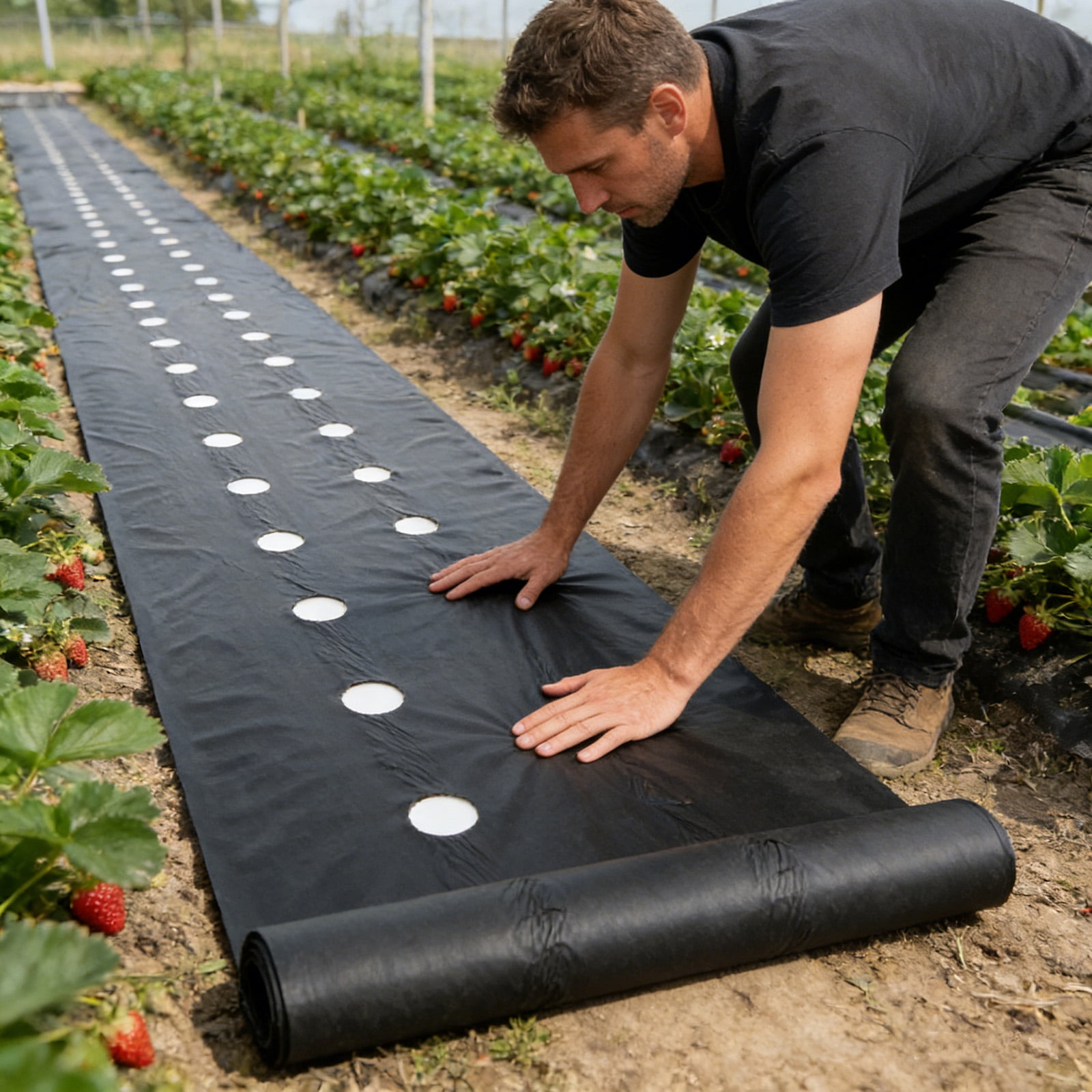Strawberry planting perforated landscape fabric, water-permeable and breathable — functions as a weed barrier fabric to prevent weeds in vegetable and fruit planting