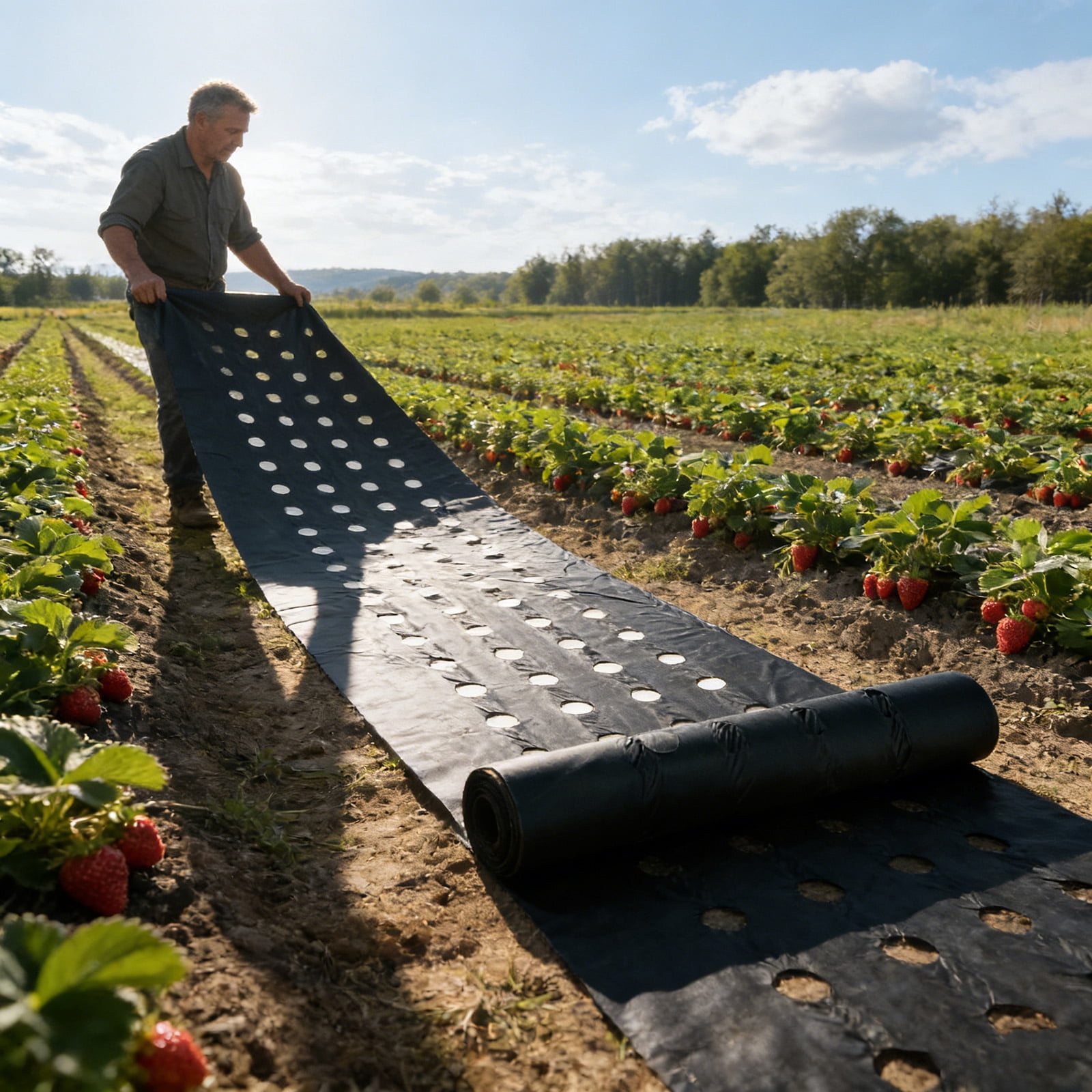 Strawberry planting perforated weed barrier fabric kit, water-permeable and breathable — this landscape fabric is used for preventing weeds in vegetable and fruit planting.