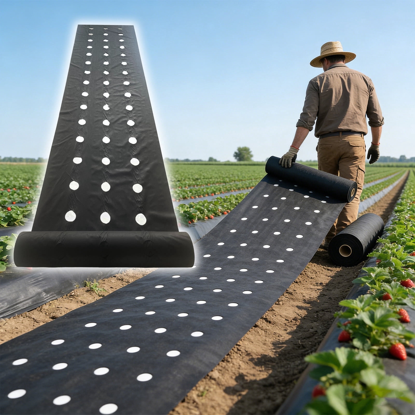 Strawberry planting perforated weed barrier fabric kit, water-permeable and breathable — this landscape fabric is used for preventing weeds in vegetable and fruit planting.
