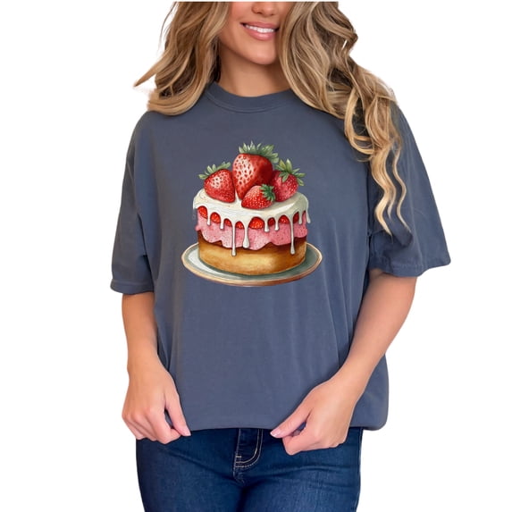 Strawberry shortcake t-shirt, cute cake graphic tee, food lover shirt, bakery print top, summer dessert illustration, foodie gift idea, Denim Comfort Colors T-Shirt, Small