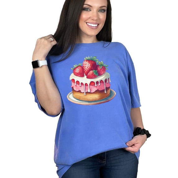Strawberry shortcake t-shirt, cute cake graphic tee, food lover shirt, bakery print top, summer dessert illustration, foodie gift idea, Flo Blue Comfort Colors T-Shirt, Large
