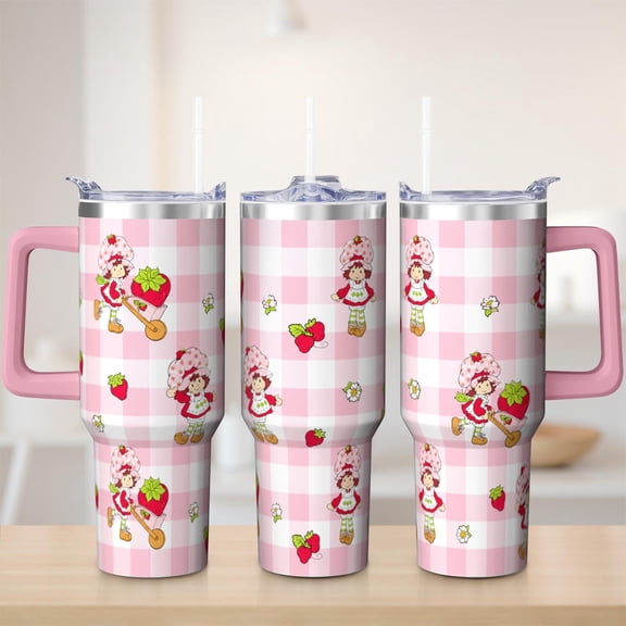 Strawberry tumbler 40 oz tumbler with handle and straw 304 stainless steel travel cup coffee mug water bottle suitable as a gifts for women mom gifts gift for strawberry lovers