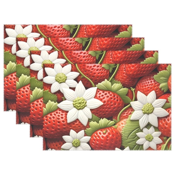 Strawberry with Flowers 4 PCs Placemats Set Linen Non-Slip Table Mat Rectangular Washable for Dining Kitchen Party 12"x18"