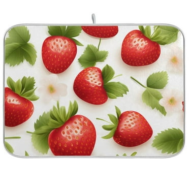 Strawberry with Leaf Dish Drying Mat Microfiber Kitchen Pad Large Counter Absorbent Dish Mats Drainer Rack 16"x18"