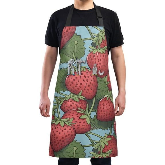 Strawberry with Leaf Kitchen Apron with 2 Pockets Adjustable waterproof Cooking Aprons for Women Men Chef