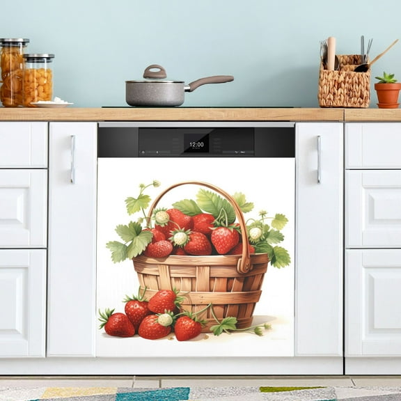 Strawberry with Leaves Magnetic Dishwasher Cover Magnet Refrigerator Dishwasher Sticker Home Decorative Art Kitchen Panel Decal 23x26 Inch