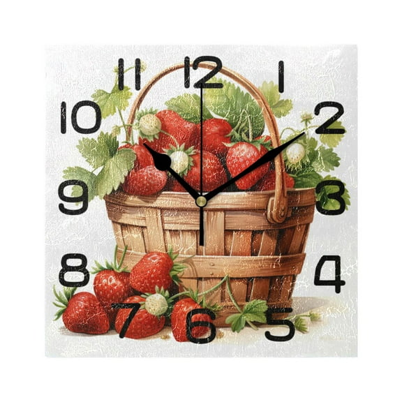 Strawberry with Leaves Wall Clock Square Silent Non-Ticking Battery Operated Retro 7.78" Clock Home Kitchen Office Decoration