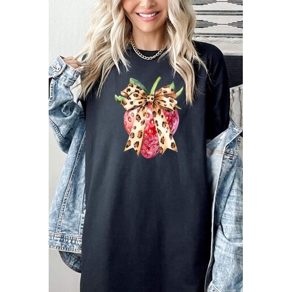 Strawberry with Leopard Bow Graphic Plus Tee