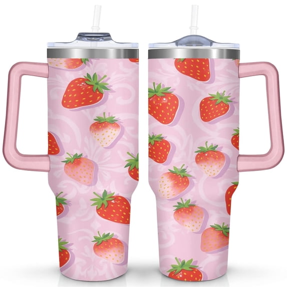 Strawberry1 40 Oz Tumbler with Handle Lid and Straw, Stainless Steel Double Walled Vacuum Insulated Cup, Cute Anniversary Wedding Birthday Gifts Tumbler for Women Men Friends Outdoor Indoor