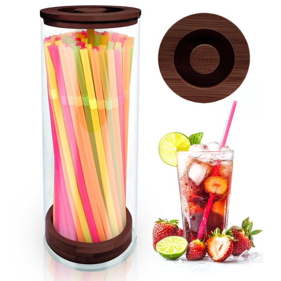 Straws Holder Dispenser for Counter,Drinking Straw Dispenser,Acrylic Straw Organizer with Bamboo Lid,Includes 100 Straws,Transparent Straw Storage Container for Kitchen,Pencils and Silverware