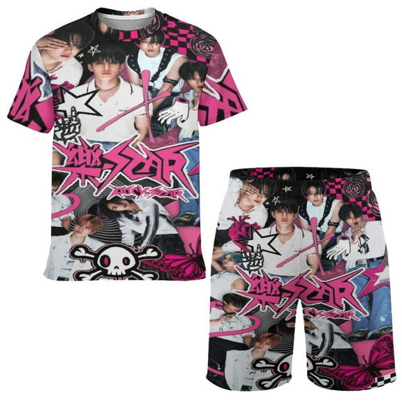 Stray Kids Boys Girls Short Sleeve Mesh T-Shirt And Shorts Outfit Set Summer Clothes Set for Kids