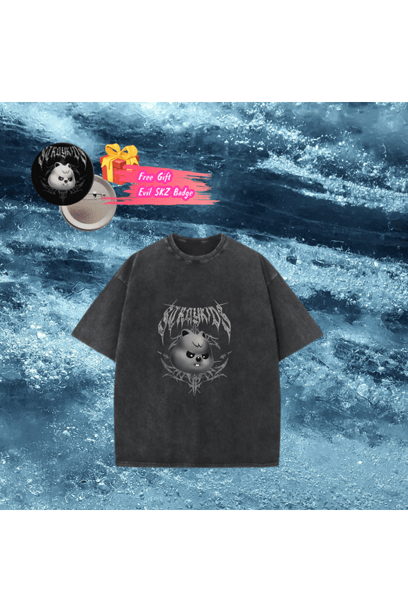Stray Kids Evil SKZOO Washed Cotton T - Shirt + Free Evil SKZ Badge | Kpop Merch for STAYs