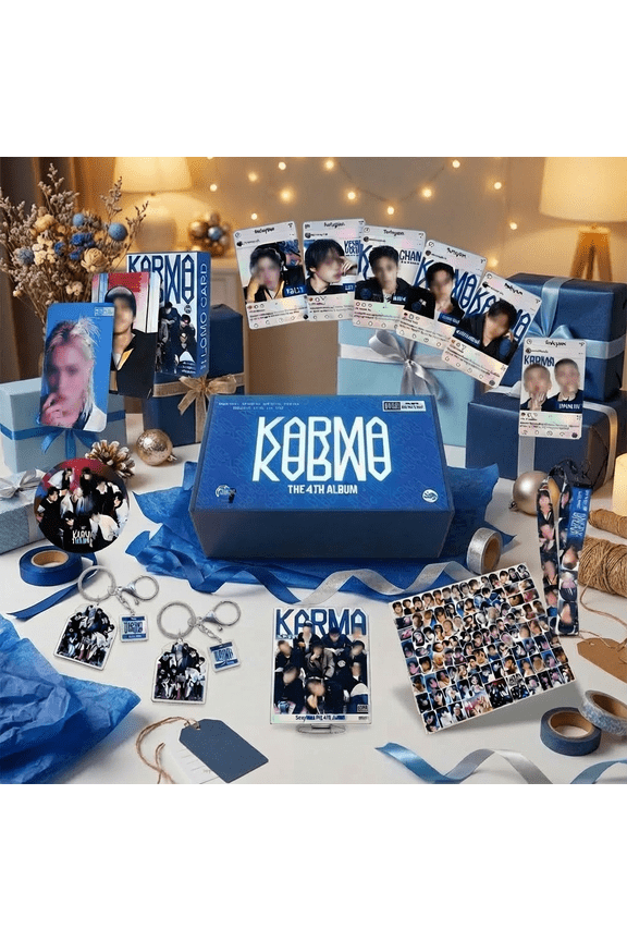 Stray Kids Karma Themed Merchandise Gift Box, K-pop Fan Essential Bundle with Photocards, Keychains, Lanyard & Group Standee