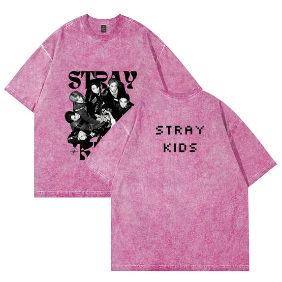 Stray Kids Merch Retro washed T-shirt unisex round neck cotton short sleeved patterned T-shirt style