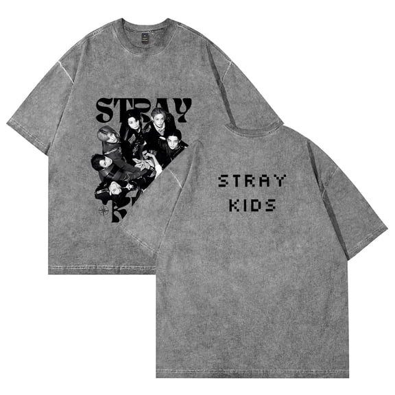 Stray Kids Merch Retro washed T-shirt unisex round neck cotton short sleeved patterned T-shirt style