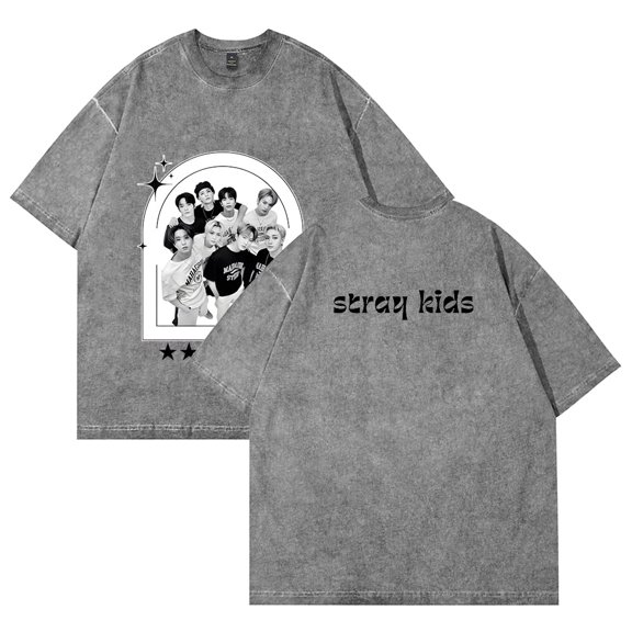 Stray Kids Merch Retro washed T-shirt unisex round neck cotton short sleeved patterned T-shirt style