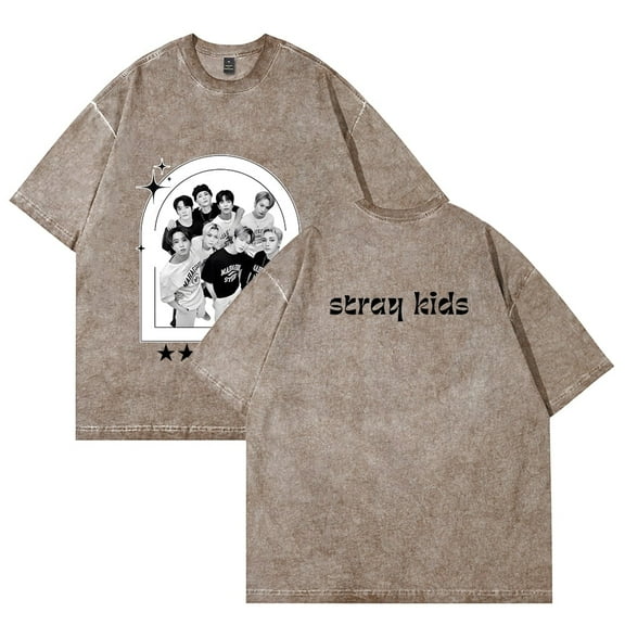 Stray Kids Merch Retro washed T-shirt unisex round neck cotton short sleeved patterned T-shirt style