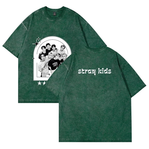 Stray Kids Merch Retro washed T-shirt unisex round neck cotton short sleeved patterned T-shirt style