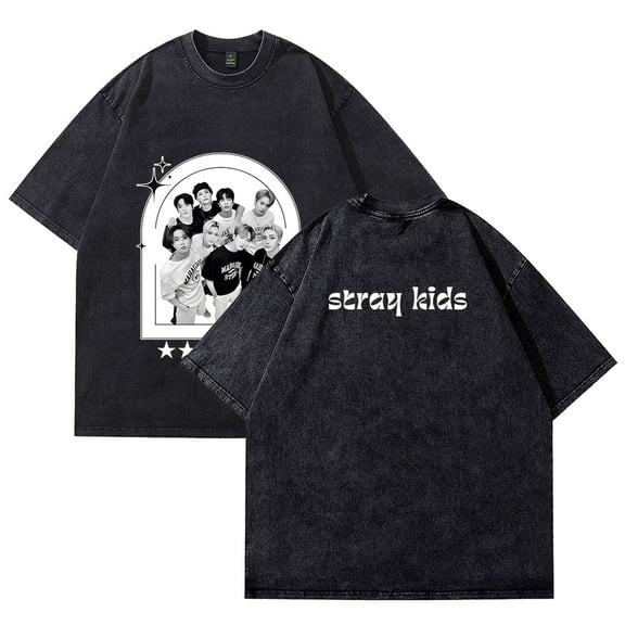 Stray Kids Merch Retro washed T-shirt unisex round neck cotton short sleeved patterned T-shirt style