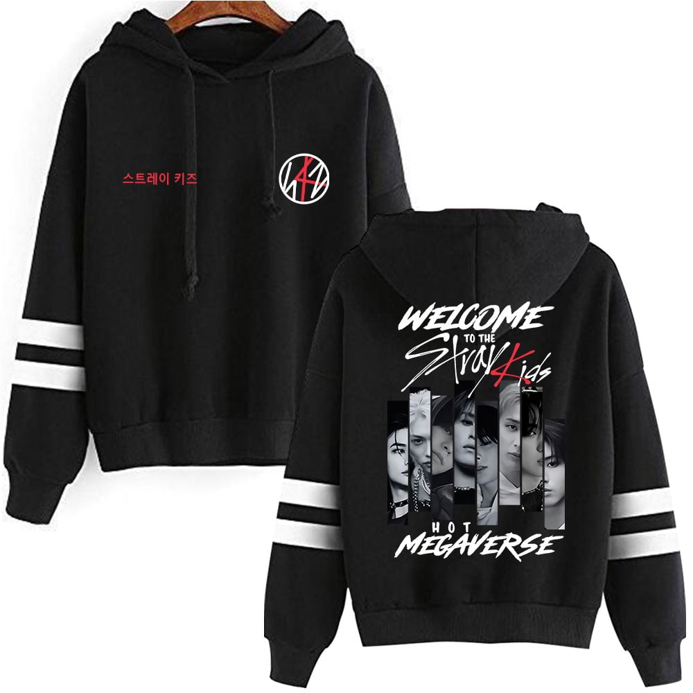 Stray Kids Parallel bar sleeve pocket fashionable retro street style men's and women's long sleeved hooded sweatshirt