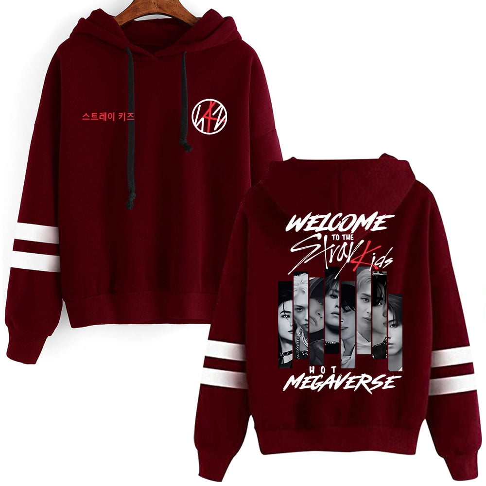 Stray Kids Parallel bar sleeve pocket fashionable retro street style men's and women's long sleeved hooded sweatshirt